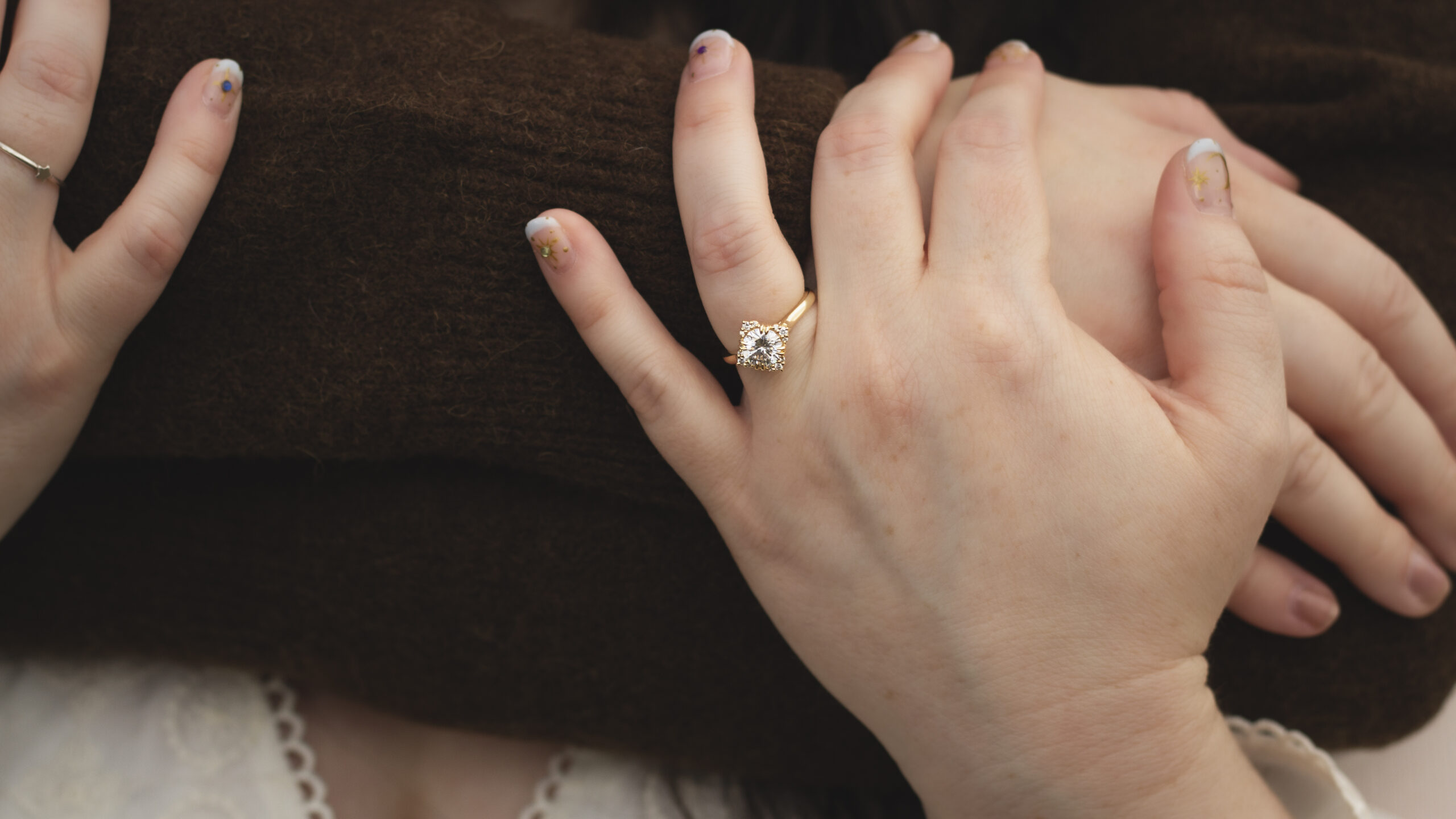 A closeup of an heirloom engagement ring