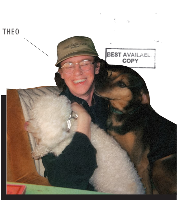 Theo Horne Photo and Film A collage style cutout of the photographer and videographer. He's sitting in an orange chair, holding one large dog and one small dog.